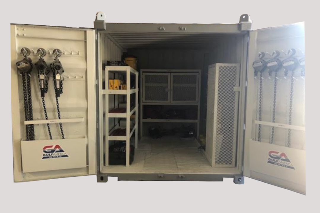 Open Gulf America rigging box with tools and shelving