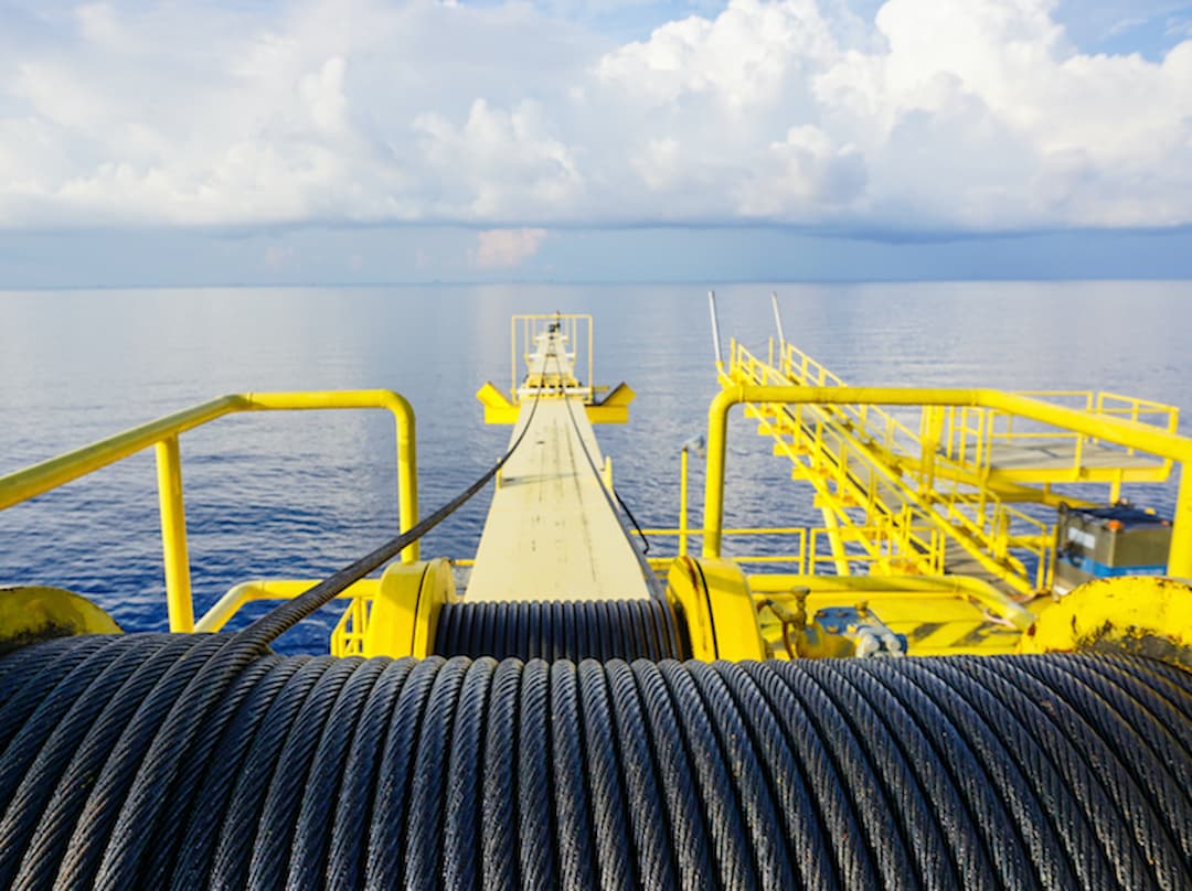 Wire rope spooled on a winch drum on an offshore platform